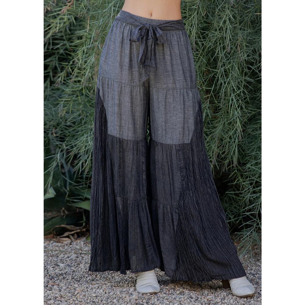 "Cascade" Chambray Paneled Tiered Pants in Black